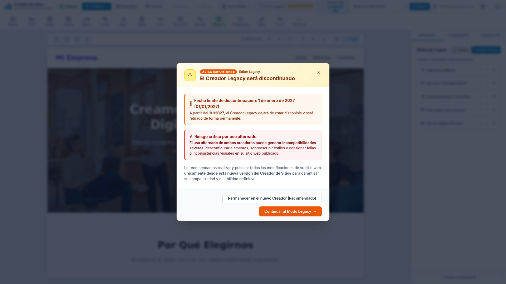 Modal de Advertencia del Modo Legacy