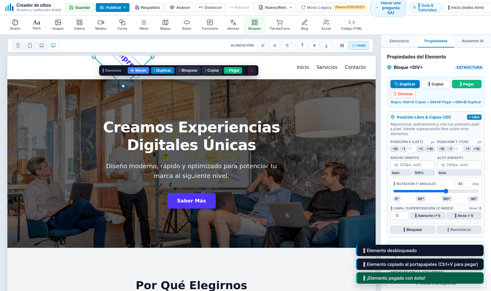 Panel de Posición Libre y Capas 2D en el Inspector